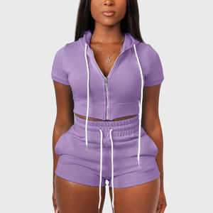 Nouveautés 2022 Slim Fit Crop Top À Capuche et Shorts Ensemble Personnalisé Femmes Libres Zipper Hoodies Ensembles Courts Sweatsuit - Product Image 5