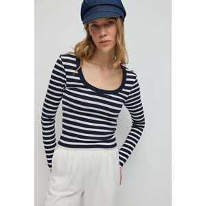 Blusa Casual de Manga Larga con Cuello en V y Rayas, 100% Poliéster, Corte Regular - Product Image 1