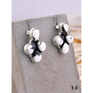 Southwest-Style White Buffalo & <b>Sterling</b> <b>Silver</b> <b>Stud</b> Earrings Bezel-Set Flower Pattern Post Earrings - Product Image 3