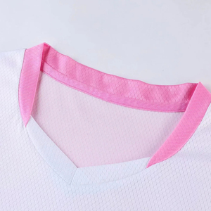Ensemble de maillots de volley-ball pour femmes, rose et blanc, col en V, manches courtes, fabriqué au Pakistan, uniforme de volley-ball féminin - Product Image 3