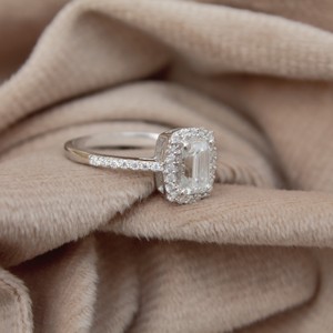 925 Sterling <b>Silver</b> Wedding <b>Ring</b> with <b>Emerald</b> Cut Round Stone Moissanite Engagement <b>Ring</b> - Product Image 3