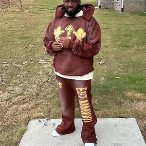 Pantalones acampanados desgastados personalizados para hombre, conjuntos de chándal, chándal desteñido por el sol con estampado Technics, traje de dos piezas - Product Image 1