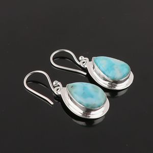 Pendientes colgantes bohemios de moda para mujer, Plata de Ley 925 fina, 10x14mm, piedra preciosa de Larimar Natural, forma de pera hecha a mano para regalo - Product Image 4