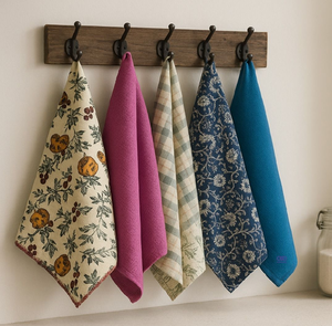 Paños de cocina festivos con diseños florales en elegantes tonos crema y verde bosque. Disponible a precios de mayoreo. - Product Image 2