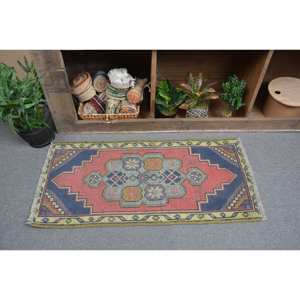 Alfombra de lana turca Vintage 18x36ft tamaño clásico diseño de retazos rojo y azul para decoración para sala de estar técnica de tejido PLANO 4m de ancho - Product Image 1