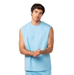 Nouveau design – Débardeurs en coton uni coupés et cousus, blancs, style streetwear, sans manches, bleu ciel, pour la musculation - Product Image 1