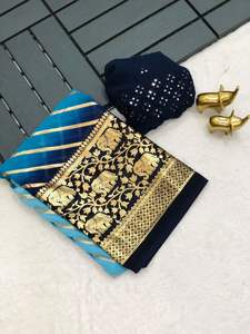 Sari étnico de seda pura con relleno ligero de Georgette y estampado de elefante de lámina dorada para ropa de fiesta para adultos - Product Image 2