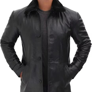 Manteau long en cuir véritable pour homme avec col en fourrure, simple boutonnage, épais, pour l'hiver - Product Image 1