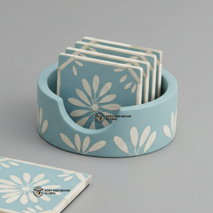 Proveedor indio ofrece posavasos con incrustaciones de hueso azul cielo y blanco hechos a mano con soporte posavasos con patrón Floral - Product Image 4