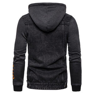 Chaqueta vaquera negra con capucha para hombre, ajustada, desgastada, estilo urbano, con rotos, estilo hip hop, informal, para exterior, al por mayor - Product Image 2