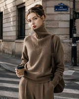 Pull en maille pour femme, col roulé mi-zippé, en poils de lapin, uni, coupe ample, épaules tombantes, manches longues, doux