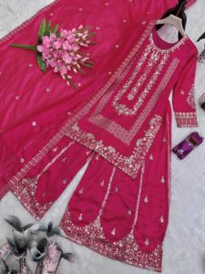 ชุดคุर्ตา ชารารा พรีเมียมสีชมพู ยี่ห้อ UNITY LUXURE พร้อมผ้าคลุมไหล่ ผ้าผสมไหม ตกแต่งด้วยงานปักดิ้นและด้าย งานฝีมือประณีต เหมาะสำหรับงานเทศกาลและงานพิธีต่างๆ - Product Image 5