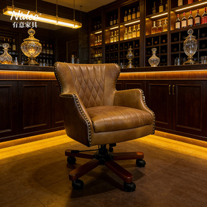 Luxury Western Cowhide <strong>Leather</strong> Executive Office <strong>Chair</strong> Swivel <strong>Desk</strong> <strong>Chair</strong> with Solid Wood Base &amp; Nailhead Trim - Product Image 3