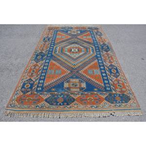 Kazak azul naranja Vintage alfombra turca 5,7X9,5 pies tejido plano lana con respaldo de látex para decoración para sala de estar patrón de retazos - Product Image 1