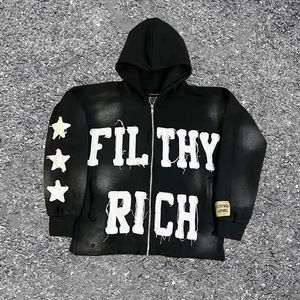 Sudadera con capucha para hombre con cremallera, lavado ácido, bordado desgastado, 100% algodón, otoño, oversize, con logo personalizado - Product Image 2