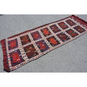 Vintage Turkish Rug Ethnic Red Brown 2.7x8ft Large Area Kilim Wool 10mm Thickness Patchwork Pattern Latex for Hallway Room Decor - Product Image 2