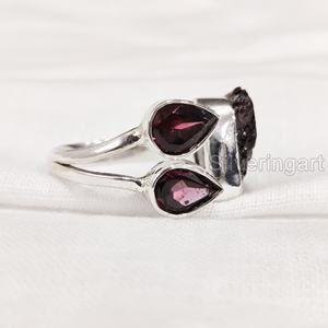 เครื่องประดับหินหยาบแหวนสำหรับผู้หญิงพลอยโกเมนธรรมชาติพลอยดิบจากหินชิ้น925เครื่องประดับหินสามชิ้นแหวนเงินสเตอร์ลิง - Product Image 2