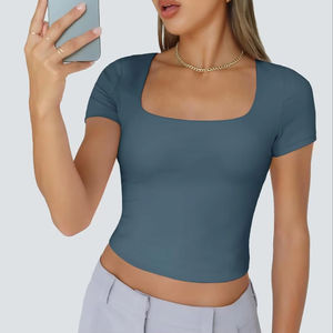Tops cortos básicos de verano para mujer, camisetas de punto de manga corta con cuello cuadrado, Camisetas básicas con patrón bonito y sólido para salir - Product Image 1