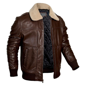 High Quality Men's Genuine <b>Leather</b> Bomber <b>Jacket</b> Faux Fur Collar <b>Winter</b> Aviator Flight <b>Jacket</b> - Product Image 2