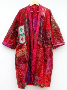 Indien fait à la main rouge soie Sari Patchwork Kantha vestes femmes coton Robes et nuit Maxi robe Vintage vêtements de nuit Kimono Style - Product Image 6