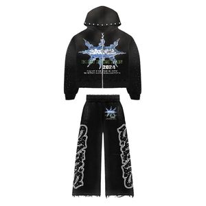 Personalizar con su demanda Top Heavyweight Serigrafía Bottom Disstress Pantalón Cremallera Sudaderas con capucha Chándal de alta calidad - Product Image 5