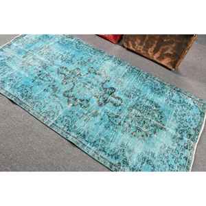 Alfombra Vintage de 3.7x7.4 pies, Alfombra Turca, Alfombra a Cuadros Azul y Negra - Product Image 4