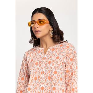 Chemise décontractée pour femme en cambric imprimé à blocs, couleur pêche, respirante, col mandarin, taille naturelle, collection printemps - Product Image 3