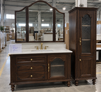 Meuble-lavabo de salle de bain d'hôtel en chêne massif résistant à l'eau 1000mm 500mm avec armoire latérale, tiroirs, vasque en céramique, miroir intelligent, style classique