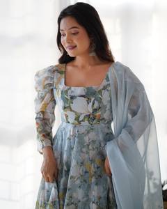 ชุดอานาร์กาลีสำเร็จรูป ผ้าดูปัตตา 2.3 เมตร ลายดอกไม้พิมพ์หนัก ผ้าไหมออร์แกนซ่าเนื้อนุ่มบริสุทธิ์ เย็บสำเร็จ ใส่ได้สองด้าน สไตล์โมเดิร์นอินเดีย - Product Image 4