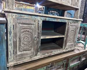 Armoire de rangement multifonctionnelle moderne en bois de manguier massif, écologique, résistante à l'eau, avec pieds en métal et roulettes pour salon et maison - Product Image 1