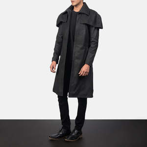 Classic Distressed Black Leather <b>Duster</b> Men's Coats - Product Image 2
