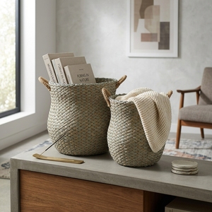 Natural Seagrass Recycled <b>Plastic</b> Storage <b>Basket</b> Set Blue Grey Herringbone Belly Pot Planter Handle Pure Art Room Decor Design - Product Image 5