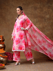 MERAKI MAYA FLORAL ROSA MUSELINA KURTA SET CON ORGANZA DUPATTA Mujer Kurta Set | Conjunto Étnico - Product Image 2