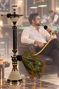 ฟาริดา มาสเตอร์พีซ ฮุคก้าทองเหลืองทำมือจากอียิปต์ พร้อมเคลือบเงาสีดำลายงูมุกและขนนกกระจอกเทศ ดีไซน์หรูหรา - Product Image 6