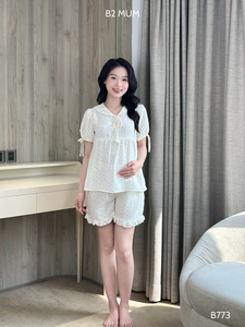 Tenue de maternité en lin de haute qualité B773 Anti-rétrécissement Bow Print Minimalist Daily Wear avec une bonne absorption Prix de gros - Product Image 5