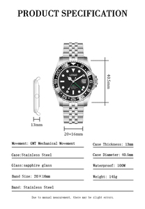 Designer Stainless Steel Sapphire Glass 100M Waterproof Luminous Dial GMT <b>Automatic</b> Mechanical Movement - Product Image 6
