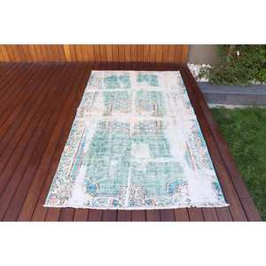 Alfombra Turca de 4x6.8 pies, Alfombra Vintage, Alfombra de Lana con Diseño Floral Azul Verde - Product Image 1