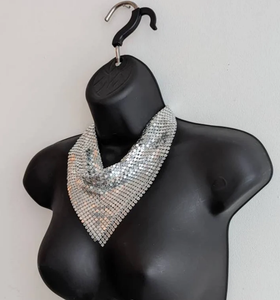 Silver Mesh Bandana <b>Necklace</b> - Metal Metallic Triangle Draped Chunky <b>Necklace</b> Fringe <b>Beaded</b> <b>Necklace</b> Fringe <b>Beaded</b> Bandana - Product Image 1