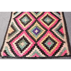 Tapis en laine rose Kilim 3.3 x 11.1ft tissage plat turc en peluche 9x12 motif de couloir pour les décorations de salon soutenu avec du latex - Product Image 4