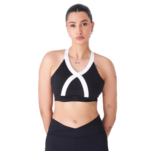 Sujetador deportivo de yoga negro de alto soporte con tiras cruzadas, cuello en V profundo, decoración de malla, material ecológico de spandex/poliéster - Product Image 1