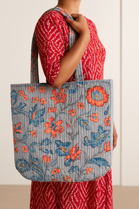 Sac fourre-tout en toile pour femme, 100% coton, matelassé, réversible, imprimé floral, fermeture éclair, léger, écologique, usage quotidien - Product Image 4