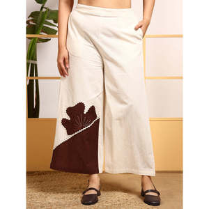 DEEBACO Women's Plus Size Solid Off <b>White</b> Cotton Embroidered Patch <b>Work</b> Co-Ord Set Boat Neck Top and Ankle Length <b>Trouser</b> Outfit - Product Image 3