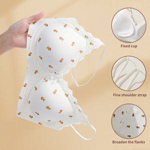 New Arrival Girlish Cute Floral Bra Seamless Wireless Sweet Lace Trim Fixed Cup Women's Lingerie