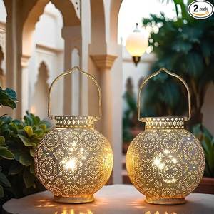 Ramadan Eid Festive Table Centerpiece Gold Perforated Metal <b>Globe</b> Lantern Outdoor Hanging <b>LED</b> Lantern <b>Light</b> - Product Image 1