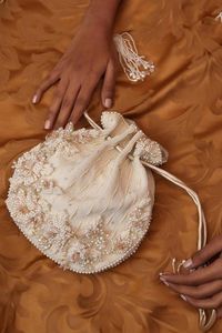 ELEGANT EMBROIDERY on WHITE <b>POTLI</b> WRIST <b>BAGS</b> EMBELLISHED CRYSTAL GLASS BEADS,STONE,PEARLS EMBROIDERY for PARTY-WEAR/WEDDING@2024 - Product Image 2