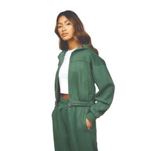 Conjunto de chándal de invierno informal para mujer, venta al por mayor de OEM, pretina elástica de alta calidad, Sudadera con capucha sólida y cremallera recortada teñida en verde - Product Image 1