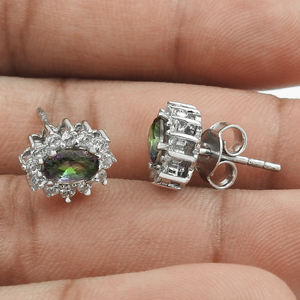 Rhodium Plated Earring 925 Sterling Silver Mystic White CZ Oval Shape Latest Trending Design <b>Handmade</b> <b>Jewelry</b> Wholesale Supplier - Product Image 3