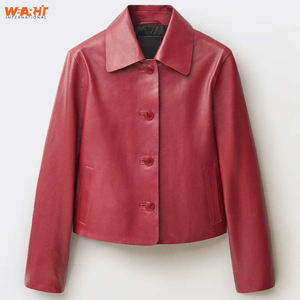 Chaqueta de piel de cordero auténtica para mujer, abrigo corto elegante de estilo de oficina con botones rojos, prendas de vestir exteriores suaves, moda sólida - Product Image 1