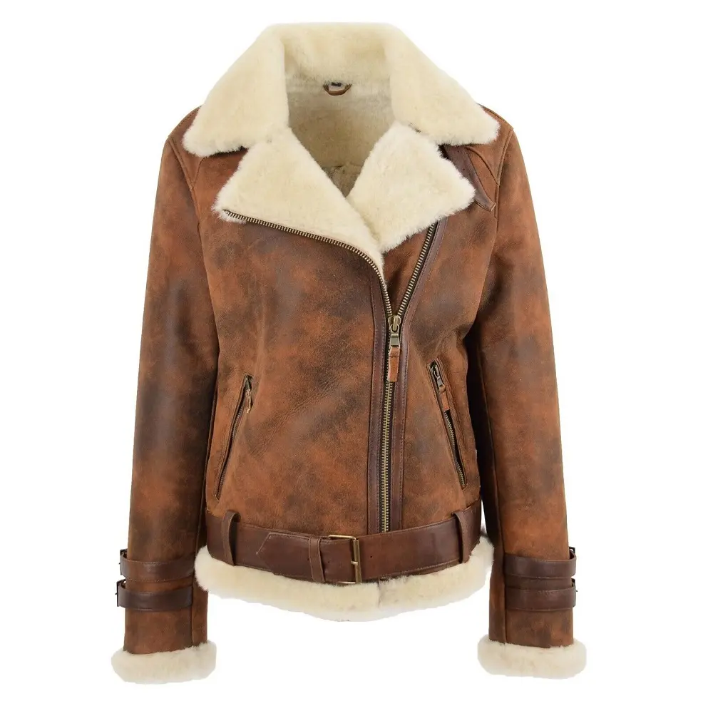 new arrival women Real Sheepskin Flying Jacket Antique Brown Genuine Shearling Aviator leather jacket Coat