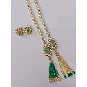 Green Dublet <b>Emerald</b> Polki Long Choker <b>Necklace</b> Set with Earrings for Weddings - Product Image 4